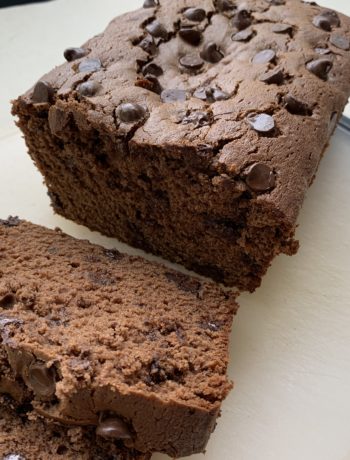 Chocolate Pound Cake on white cutting board