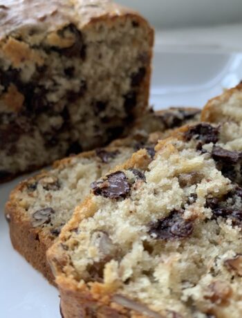 Chocolate Chip Banana Nut Bread on white plate