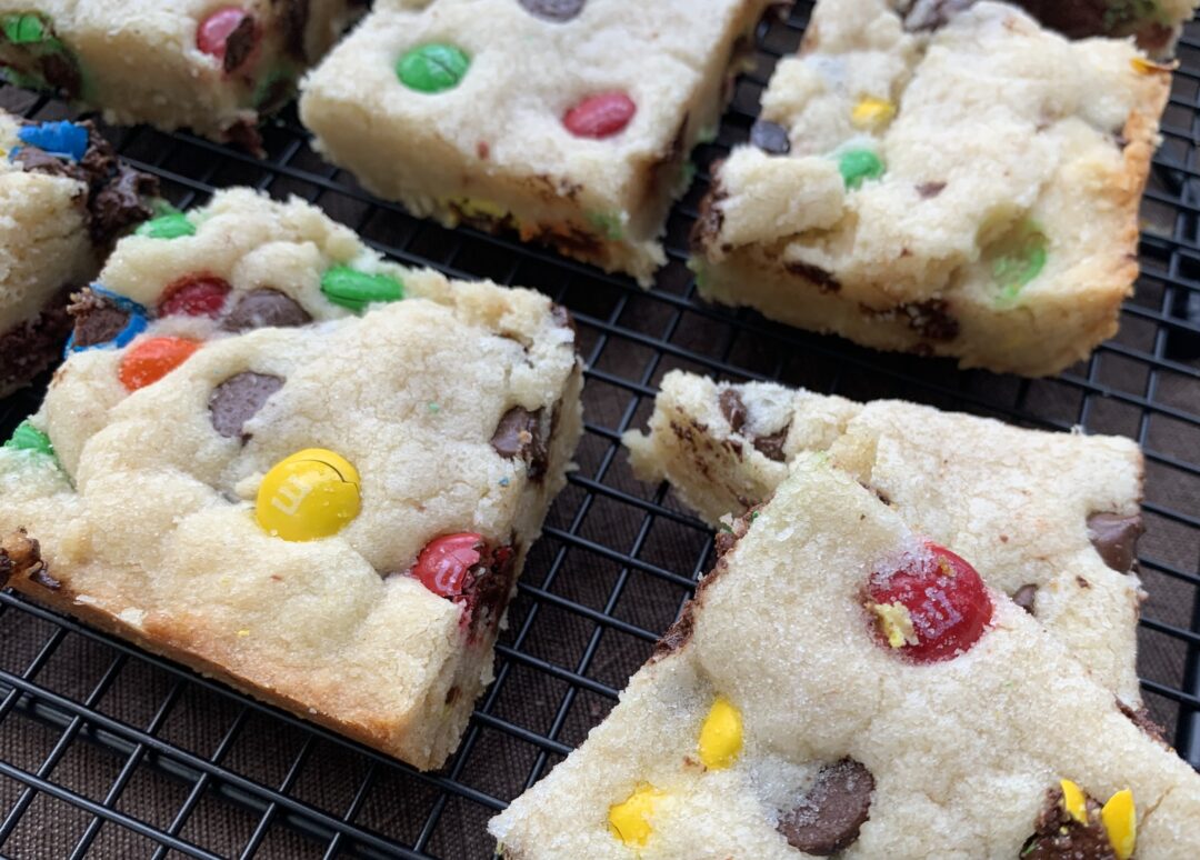 M & M Cookie Bars on cooling rack
