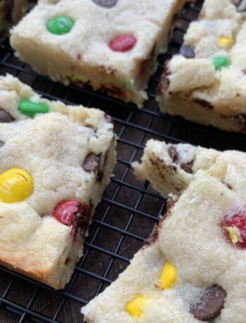 M & M Cookie Bars on cooling rack
