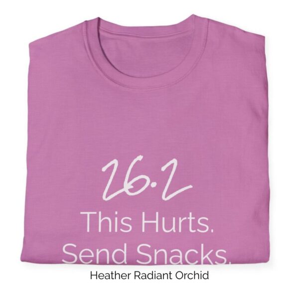 Heather Radiant Orchid variation of 26.2 Hurts shirt design