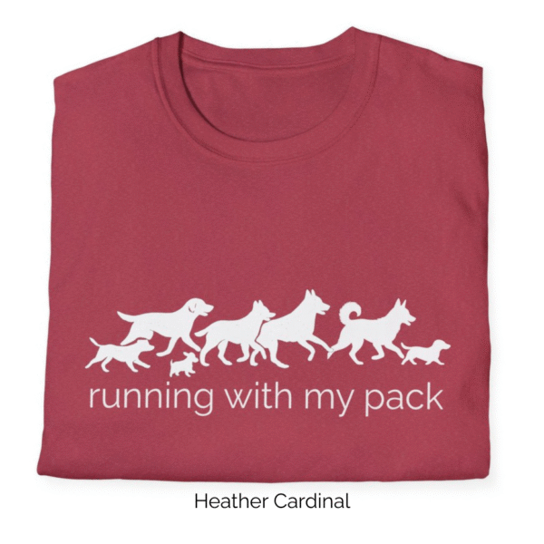 Heather Cardinal variant of Running with Pack shirt design.