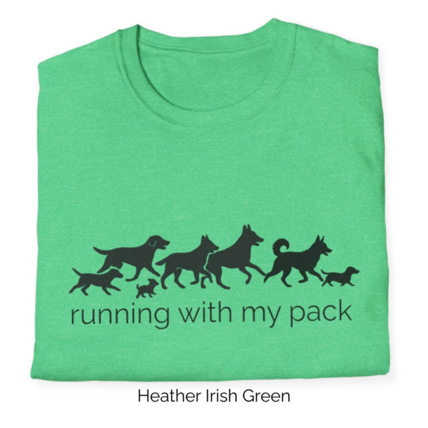 Heather Irish Green variant of Running with Pack shirt design.