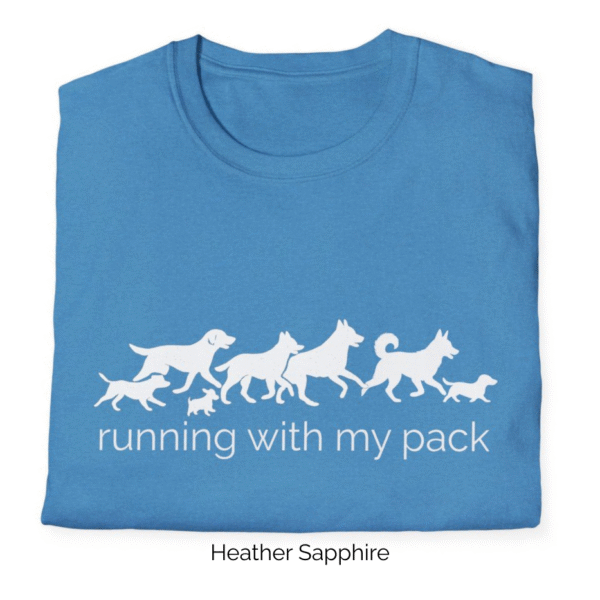 Heather Sapphire variant of Running with Pack shirt design.