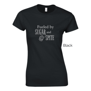 Black variant of women's cut Sugar and Spite shirt design.
