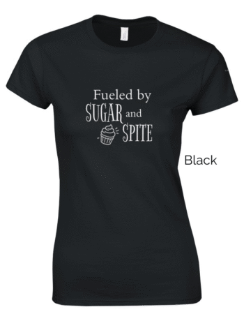 Black variant of women's cut Sugar and Spite shirt design.