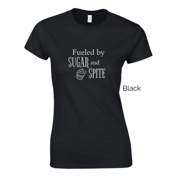 Black variant of women's cut Sugar and Spite shirt design.