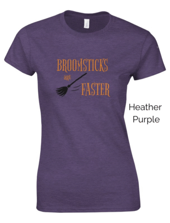 Heather Purple variant of women's cut Broomsticks are Faster shirt design