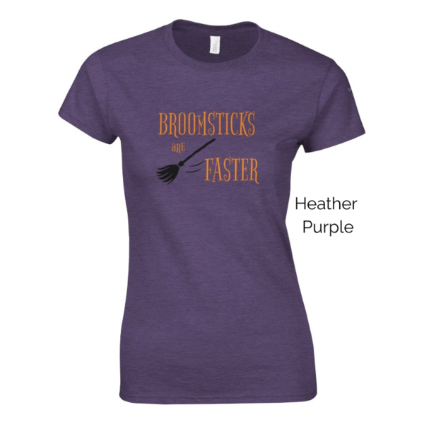 Heather Purple variant of women's cut Broomsticks are Faster shirt design