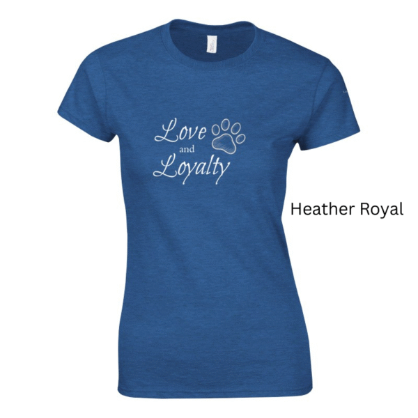 Heather Royal variant of women's cut Love and Loyalty shirt design.