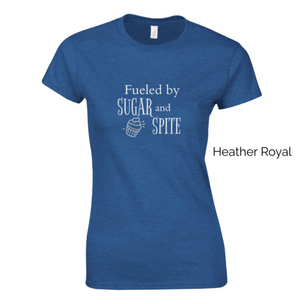 Heather Royal variant of women's cut Sugar and Spite shirt design.